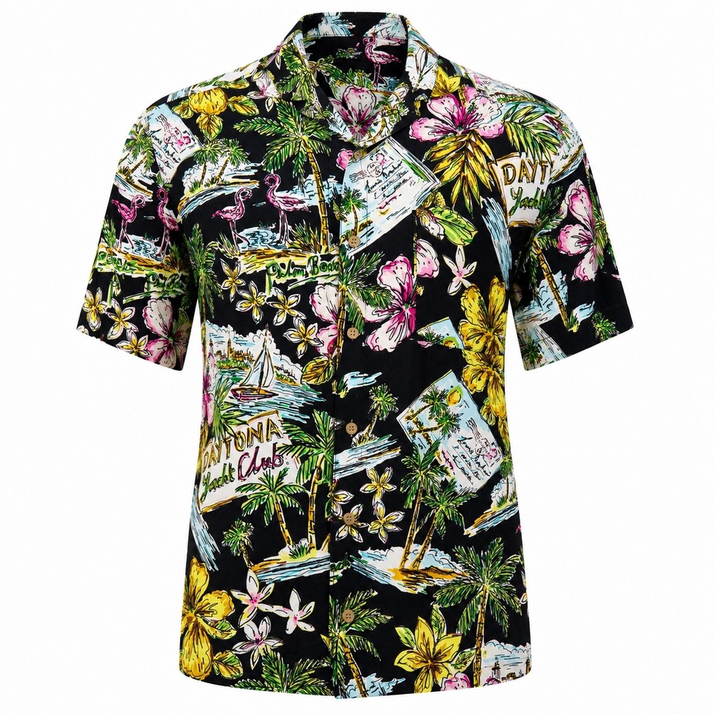 Campia Daytona Yacht Club‎ Shirt Mens M Black Tropical Hawaiian Beach Coastal